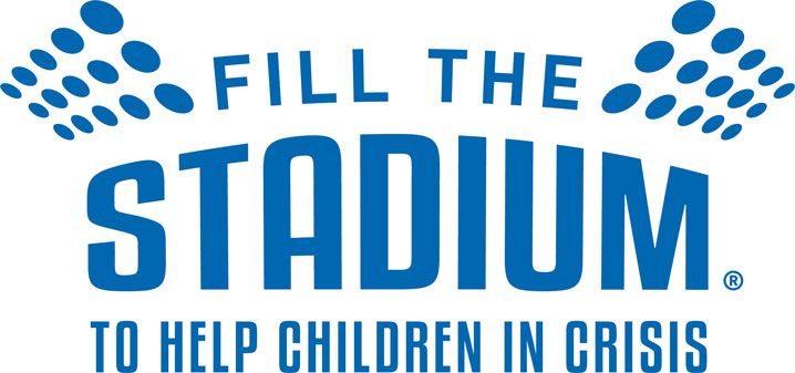 Graphic image in blue letters that says fill the stadium to help children in crisis.